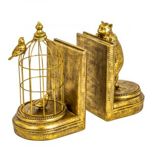Gold Cat & Cage Bookends